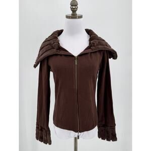 Vintage Cabo Brown Knit Ribbed Collared Faux Fur Zip Sweater Jacket Sz L
